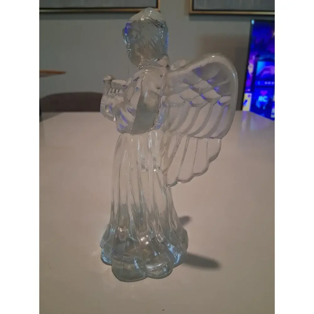 Vintage Clear Glass Angel Candlestick Holder Figurine Playing Harp Christmas...